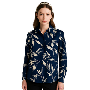 18 ICHI Denmark Blouse  Ivory Navy Sheer Print Button Shirt SIZE US 6